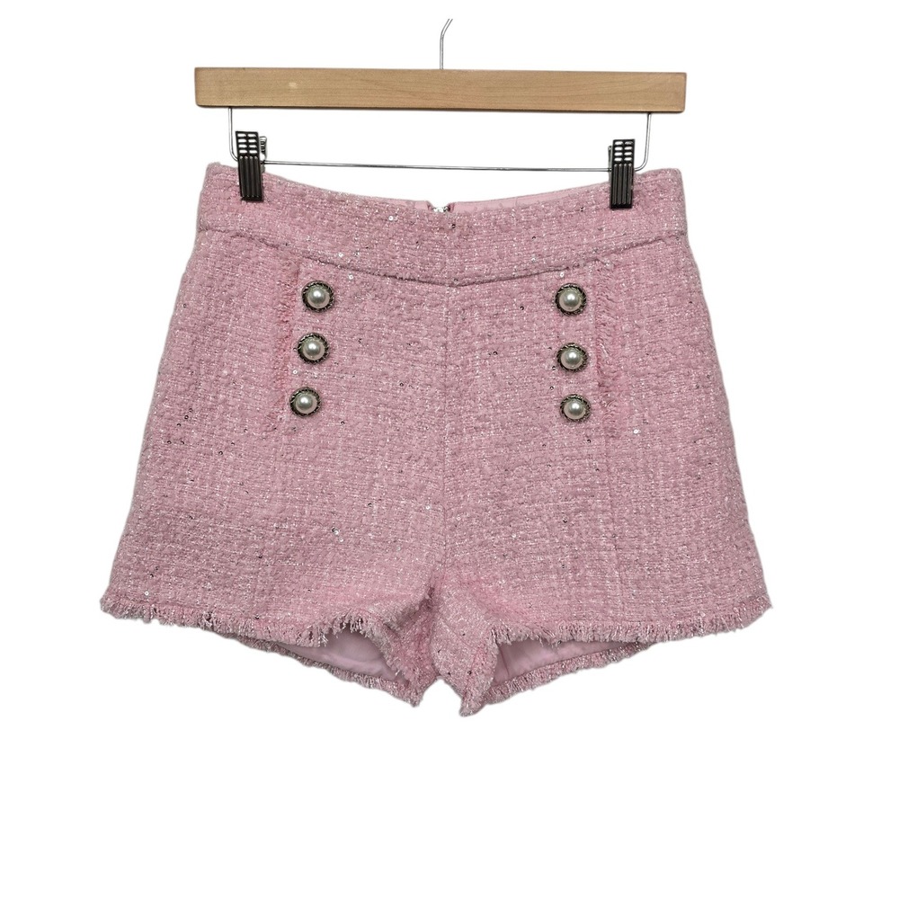 Fashion Nova Luxe Deanna Tweed Shorts Pink Pearl Button Sequin High Waist Small - Picture 2 of 9